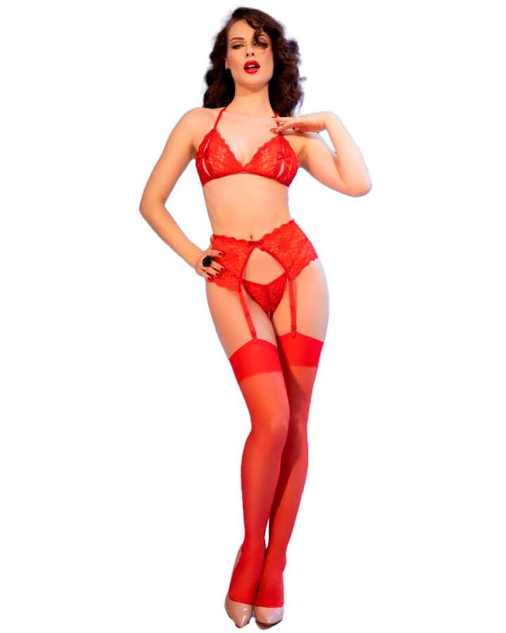 Conjunto de encaje rojo, tres piezas, vista 2