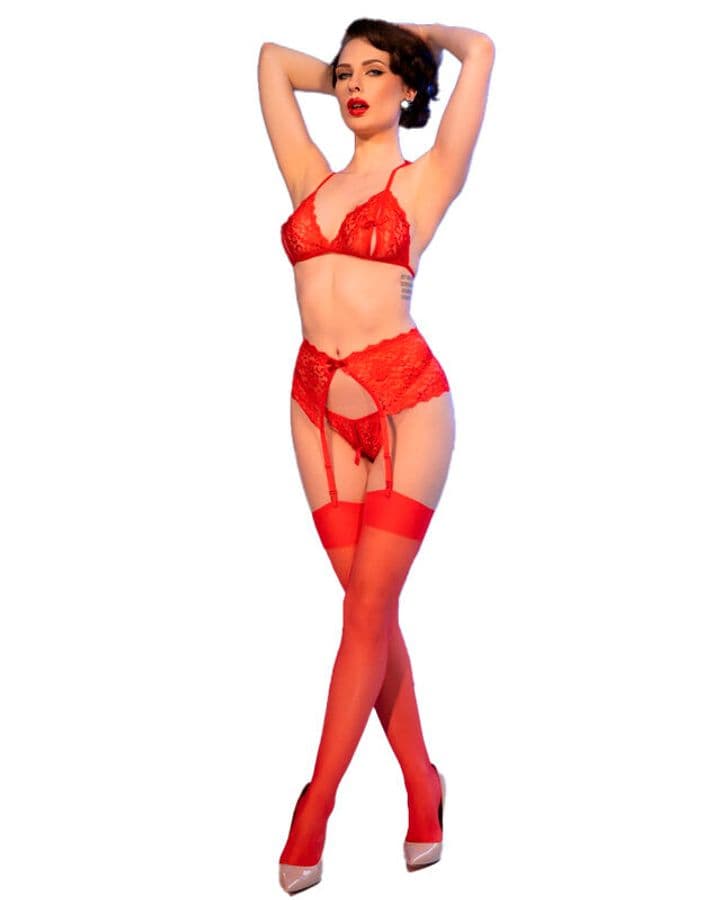 Conjunto de encaje rojo, tres piezas, vista 4